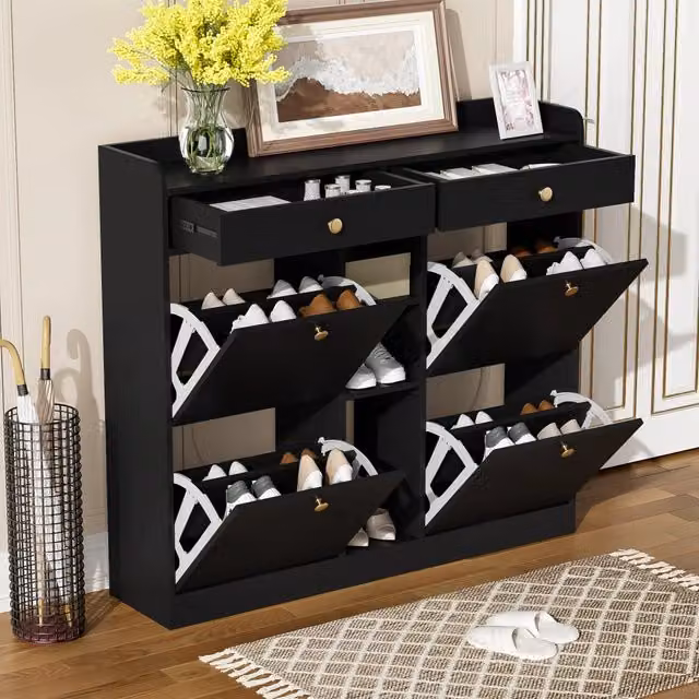 Scarpiera Nera 110×26×100 cm con 4 Ante a Ribalta; 2 Cassetti e 3 Vani Aperti; Mobile Porta Scarpe Salvaspazio