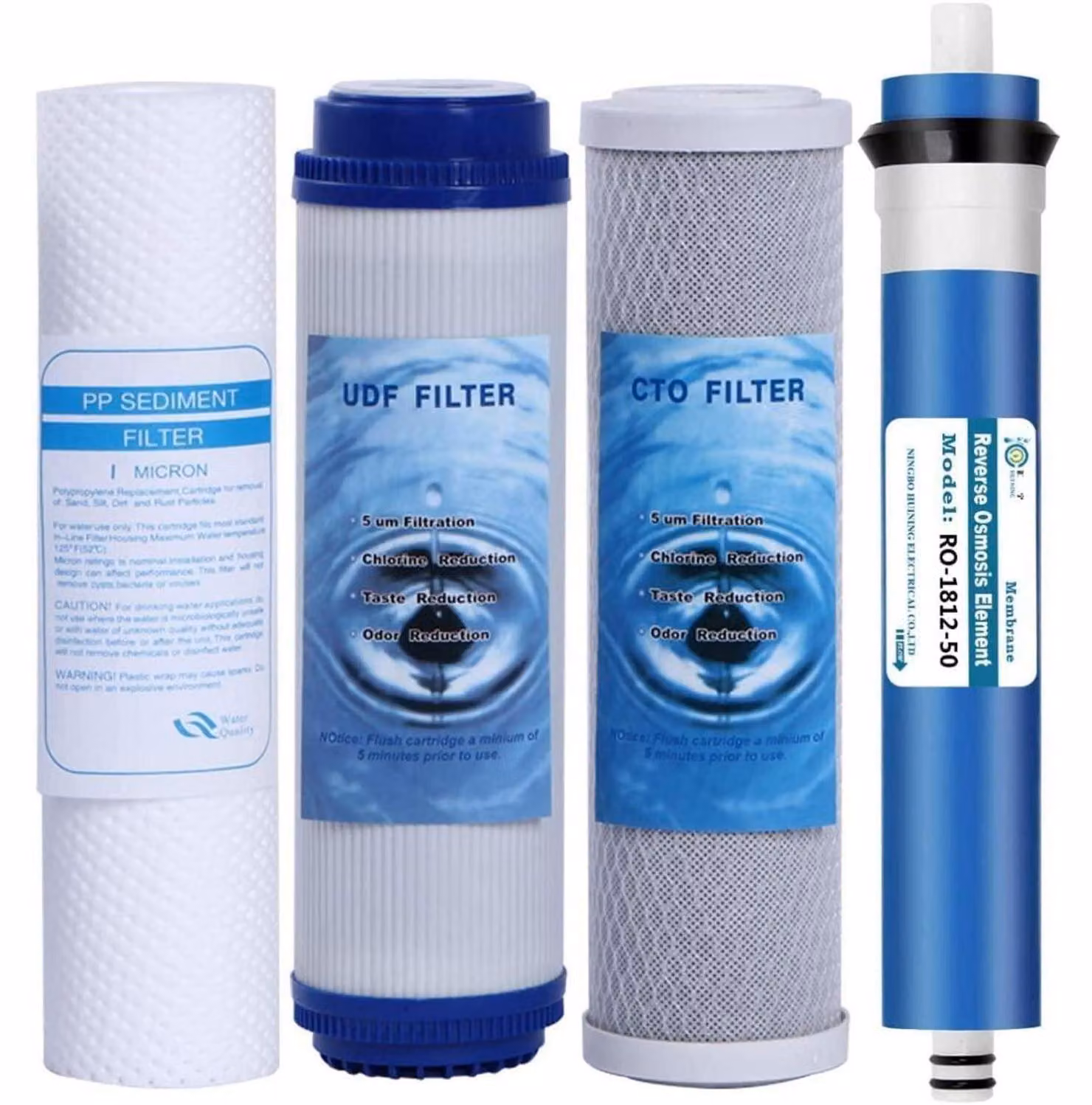 Set di ricambi per filtro dell'acqua, composto da 5 elementi: filtro a 5 micron, membrana RO, filtro a carbone attivo (CTO), filtro a polipropilene (PP) e filtro a polipropilene trattato (UDF)