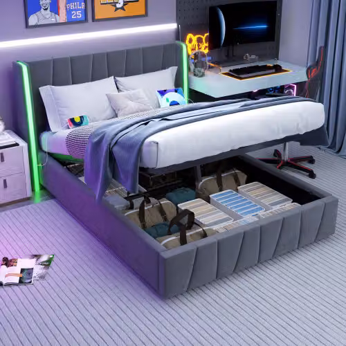 Giroletto AIORBER, 160x200cm, testata con striscia LED a 16 colori, 2 connessioni USB e 1 Type-C, letto a molle idrauliche con contenitore, velluto