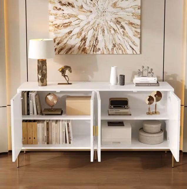 Sideboard 162x40x80 cm a 4 ante con ampio spazio contenitivo in MDF e pannello truciolare bianco