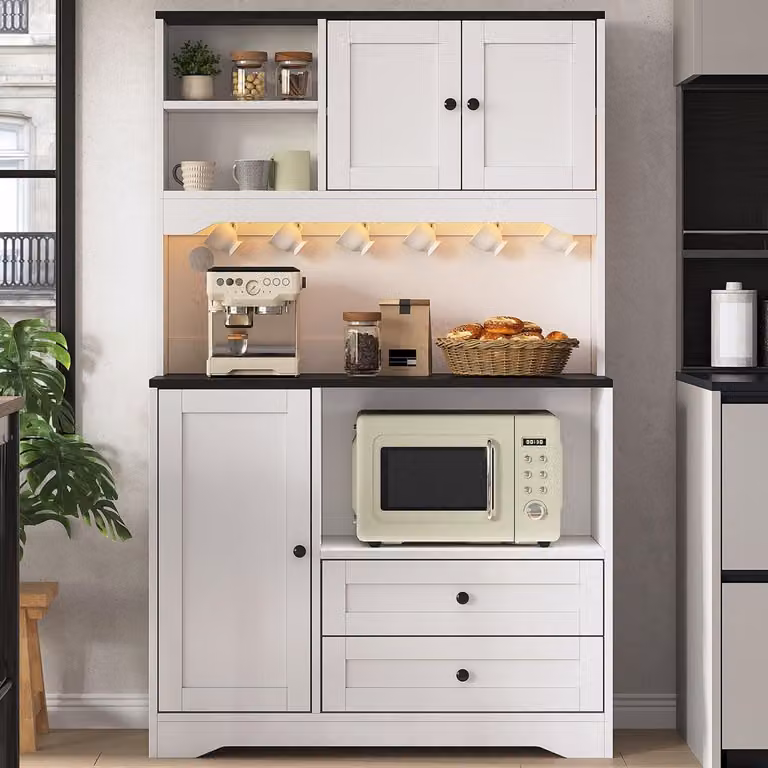 Armadio da cucina con illuminazione a LED e prese, mobiletto per microonde con ripiani regolabili, dimensioni 100x40x163 cm, colore bianco