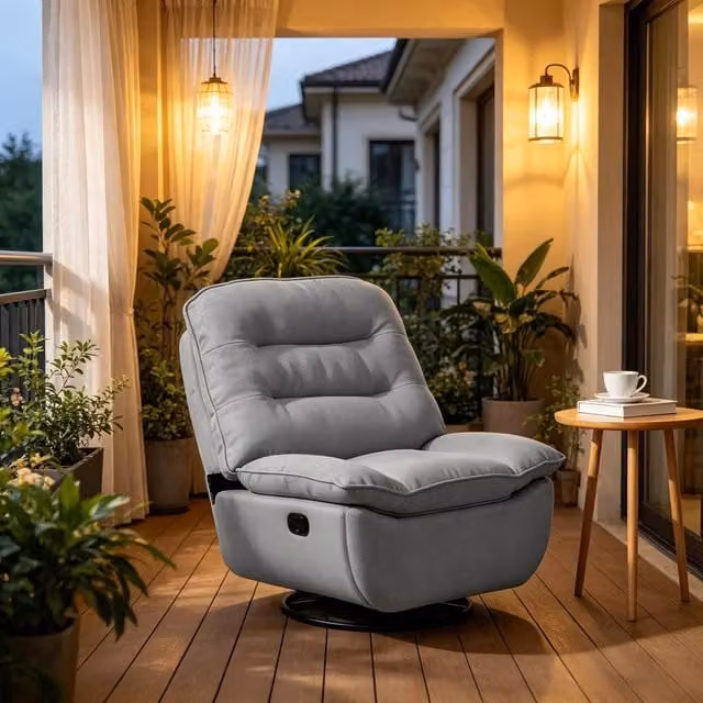 Poltrona relax girevole OKWISH con poggiapiedi, seduta ampia in tessuto effetto lino grigio scuro, L: 95 cm, P: 49,5 cm, H: 106 cm – 1