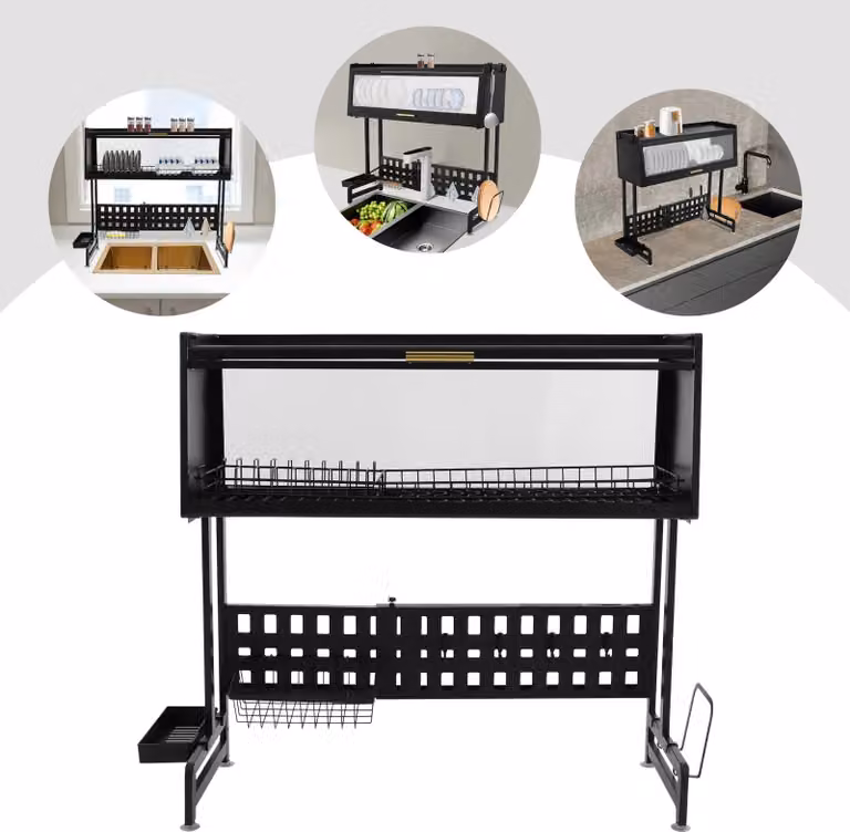 Scolapiatti - Sopra lavello, 2 livelli - Regolabile - Autodrenante - Acciaio al carbonio - Portata 100 kg - Per lavelli fino a 84 cm - 84,5×28×31 cm - Nero