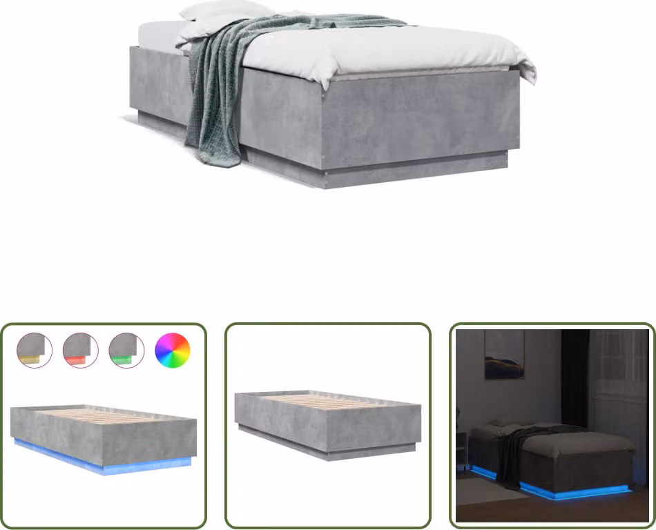 The Living Store Struttura letto con LED in cemento grigio 100x200 cm Materiale a base di legno