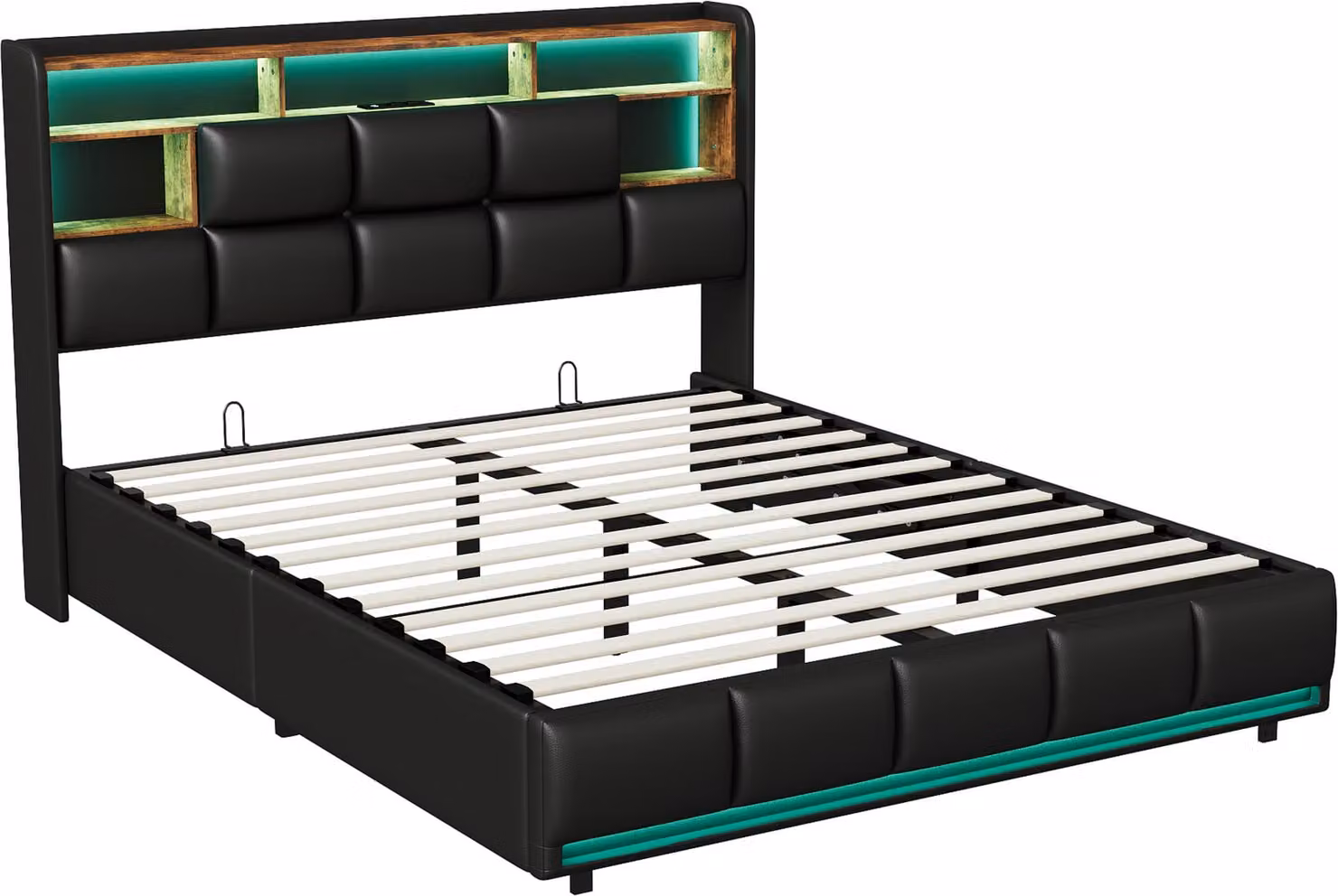 Letto Moonbite con spazio contenitore, dimensioni 140x200 cm, rivestito in ecopelle grigia, con prese USB e illuminazione LED, testiera con scaffali, capacità di carico fino a 340 kg