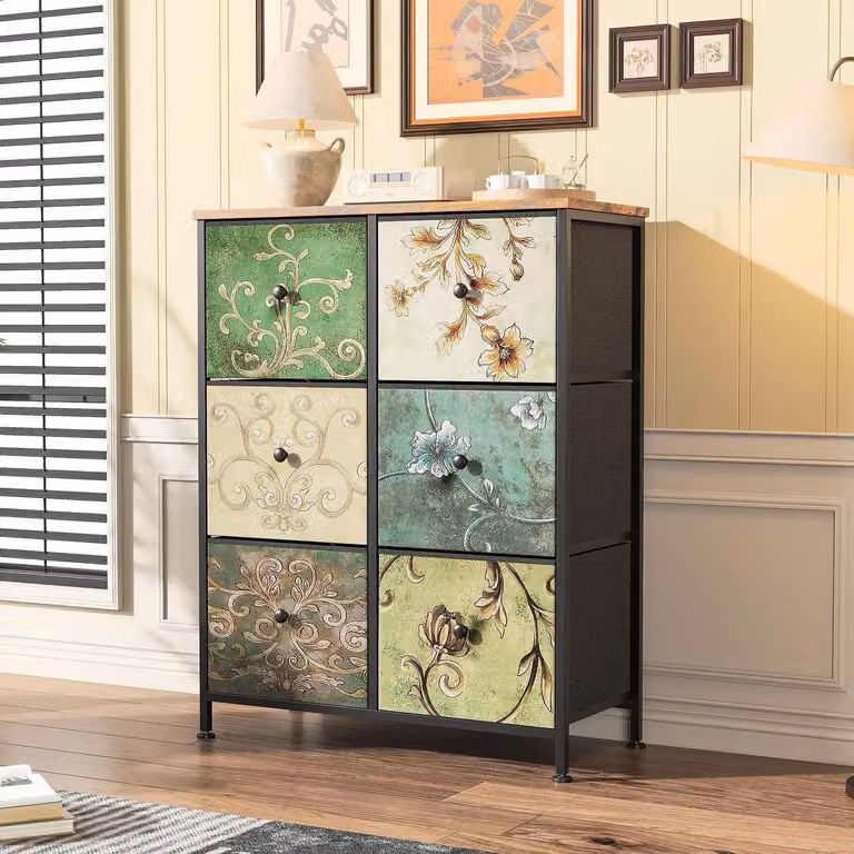 Comodino con 6 cassetti in tessuto, struttura in metallo, piano in legno, stile boho vintage retrò