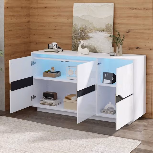 Credenza e madia moderna OKWISH con illuminazione LED integrata, 3 ante e ripiani regolabili, finitura lucida, bianco e nero, L/P/H: 140 x 40 x 70 cm