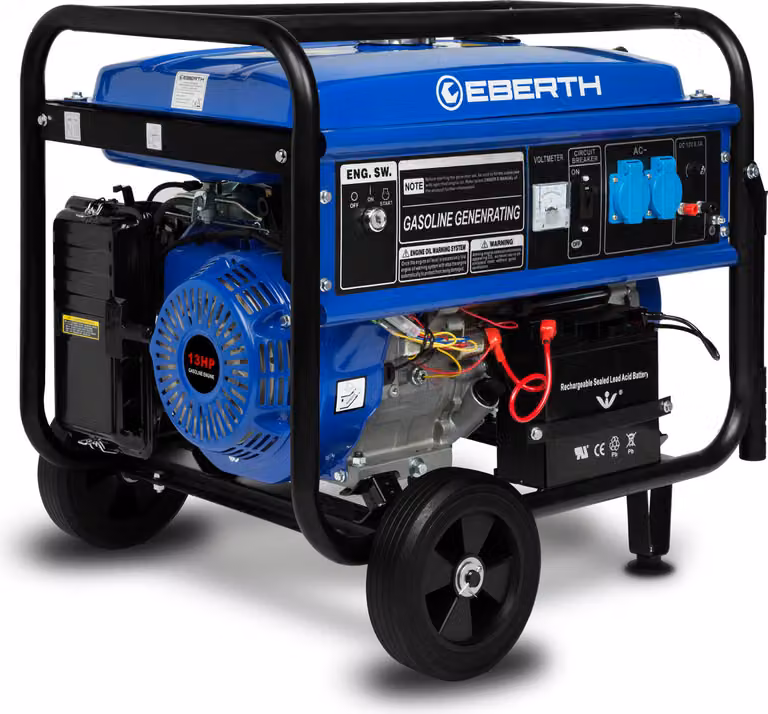 Generatore di emergenza EBERTH 5500 watt Generatore di corrente con telaio, avviamento a E, motore a benzina da 13 CV, 4 tempi, monofase, 2X 230V, 1x 12V, AVR
