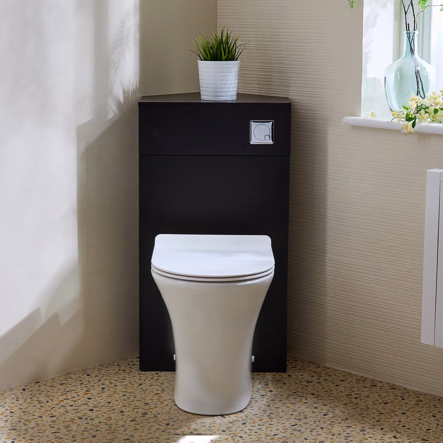Unità WC Angolare per WC in Nero Grigio con Sanitario Marbury - con Pulsante di Scarico Cromato - Cluo