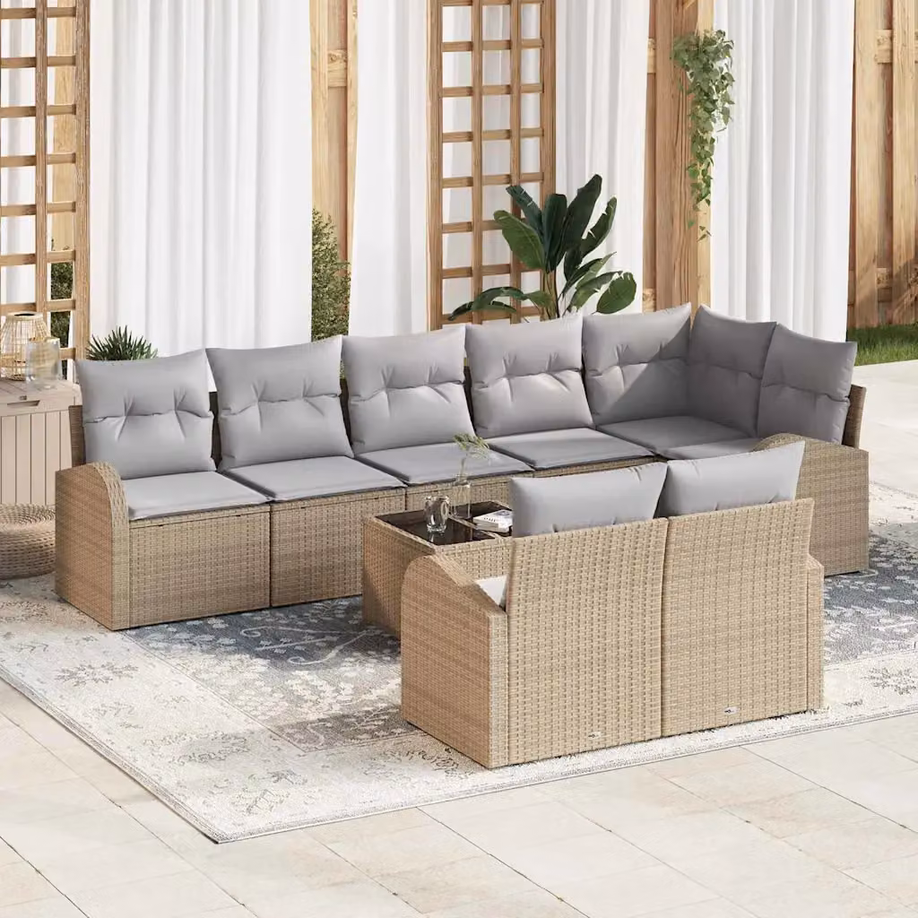Set Divano da Giardino vidaXL 9 Pezzi a Forma di U con Tavolino, Colore Beige e Grigio