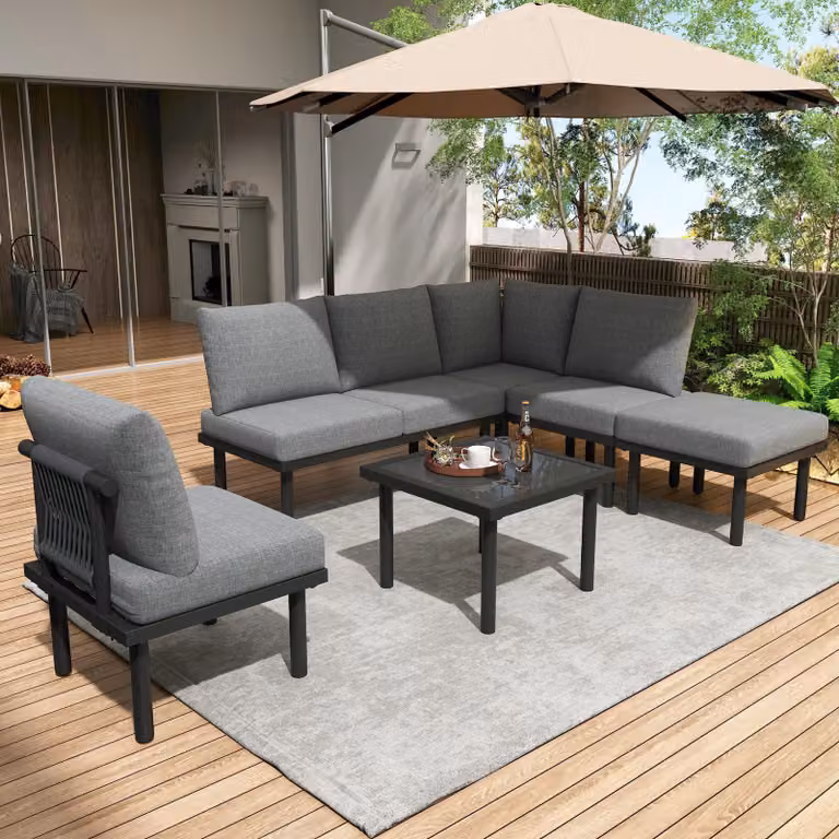 Set di mobili da giardino Merax per 6 persone, set di mobili da giardino con struttura in ferro zincato, set di mobili da giardino da 6 pezzi mobili da balcone in corda con tavolo, grigio