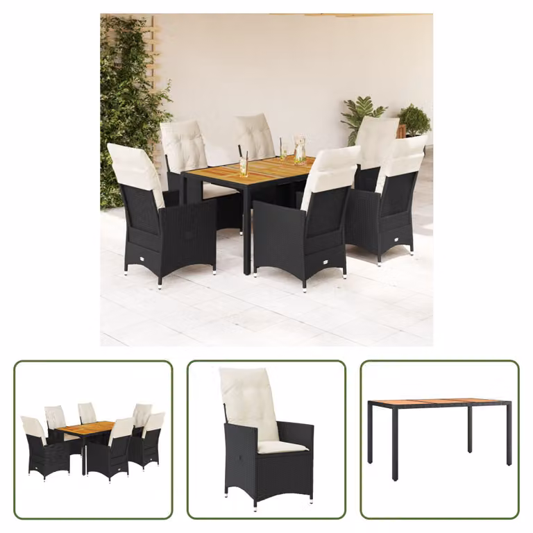 The Living Store Set da pranzo da giardino 7 pezzi con cuscini in polirattan nero