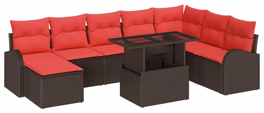 Set Divano da Giardino 9 pcs Marrone Poly Rattan