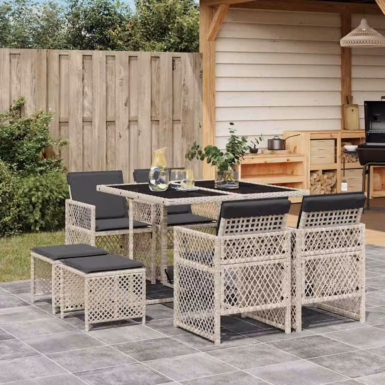 Set Pranzo da Giardino vidaXL in Polyrattan con Cuscini e Piano in Vetro, 9 Pezzi, Grigio Antracite