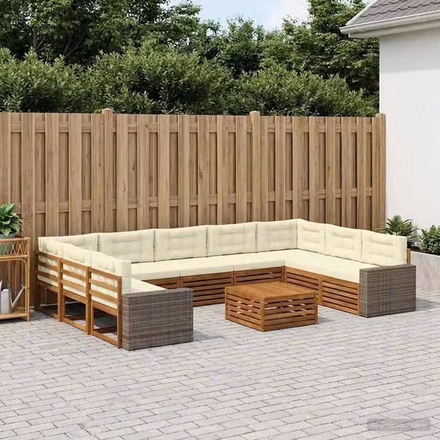 Set di divani da esterno a L vidaXL in legno di acacia con cuscini beige e bianchi e tavolino da caffè coordinato – 1