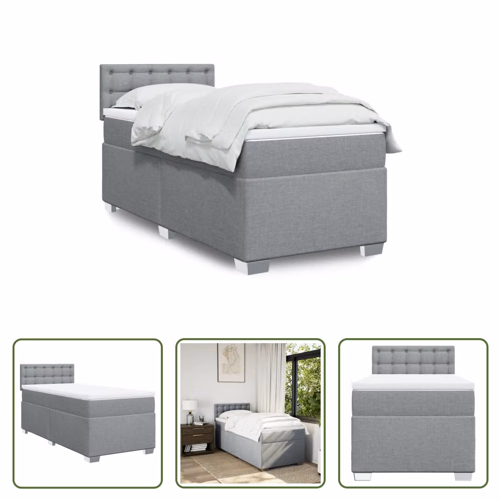 The Living Store Letto a molle con materasso grigio chiaro 90x190 cm in tessuto