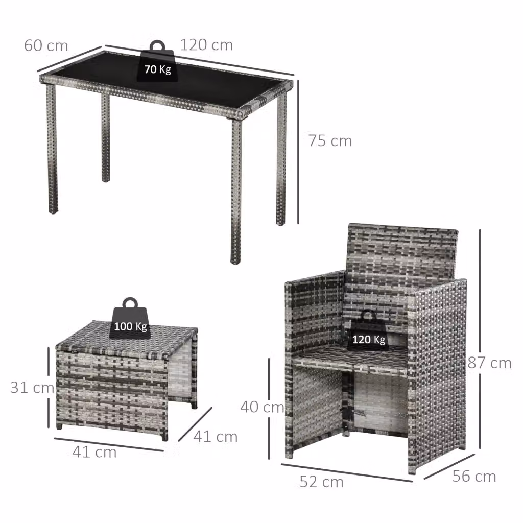 Set da giardino REDOM composto da 5 pezzi in polyrattan grigio con tavolo rettangolare in vetro e sedie con pouf – 2