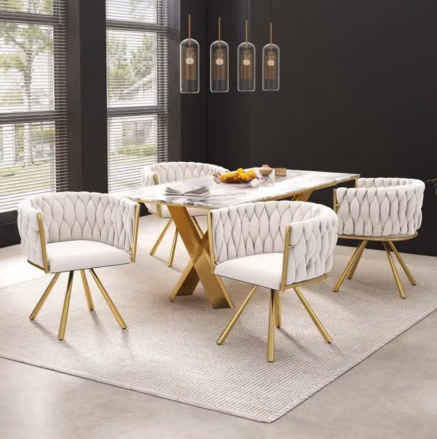 Set 4 sedie da pranzo girevoli in velluto beige e oro