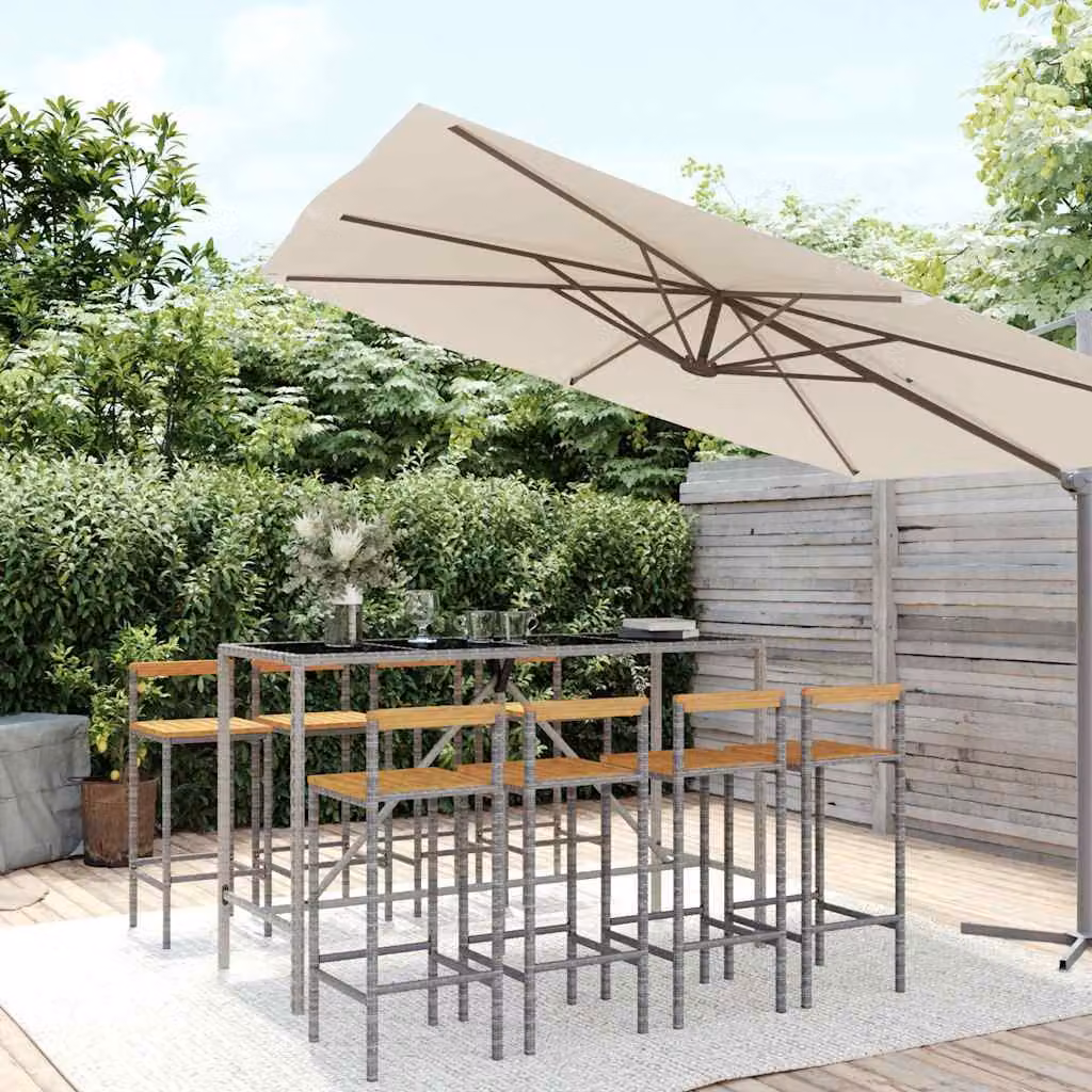 vidaXL Set Bar da Giardino Moderno 9 Pezzi in Polyrattan Grigio e Legno di Acacia con Piano in Vetro