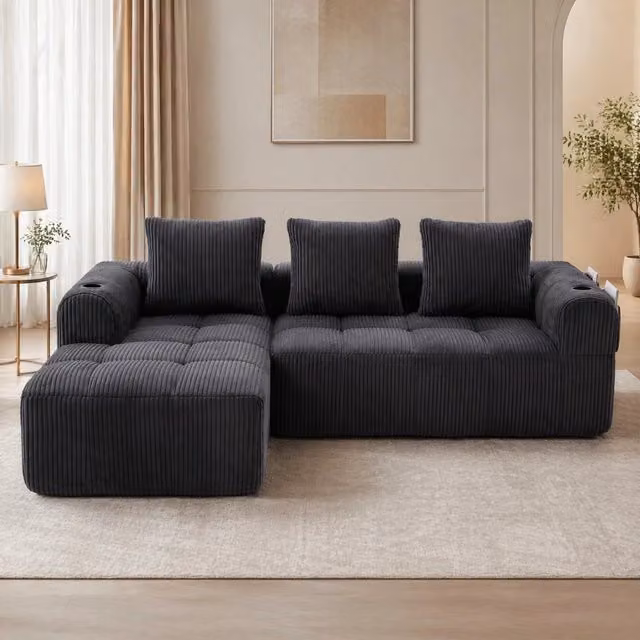 Divano compatto modulare in velluto a coste 253×158×61 cm con tasche laterali e portabevande grigio scuro