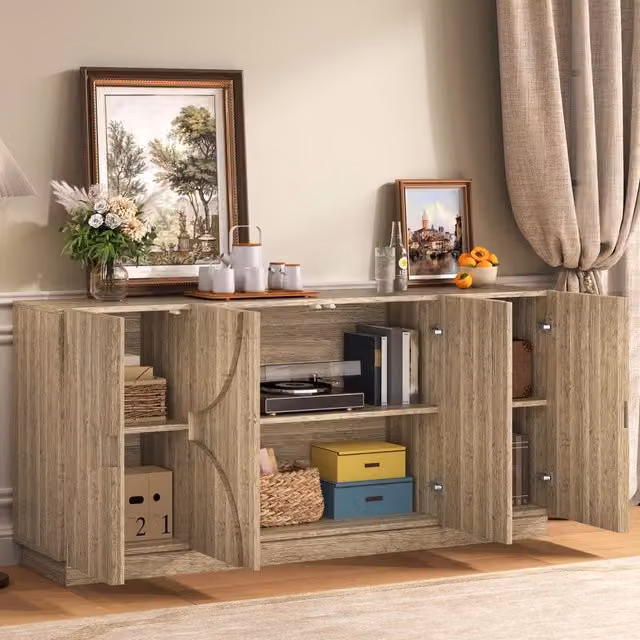 Credenza e madia con ante silenziose e ripiani flessibili per soggiorno in truciolare naturale 160 × 40 × 80 cm
