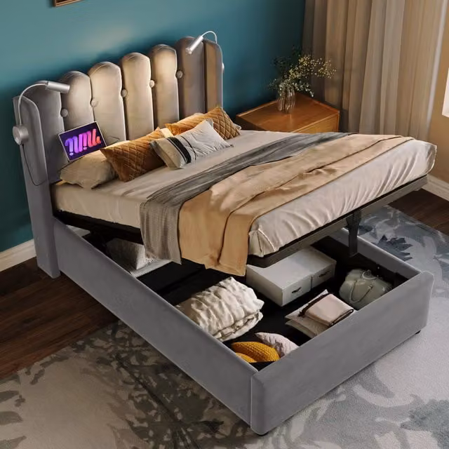 Letto contenitore Mivray con testiera in velluto grigio, luce da lettura integrata e porta USB, L/P/H: 90 x 200 x 103 cm