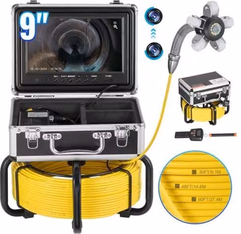 VEVOR Telecamera per Ispezione Fognature con Localizzatore 512 Hz e Schermo HD 1080P, Telecamera Idraulica a Serpente con 12 LED e Zoom 36X, Colore Giallo