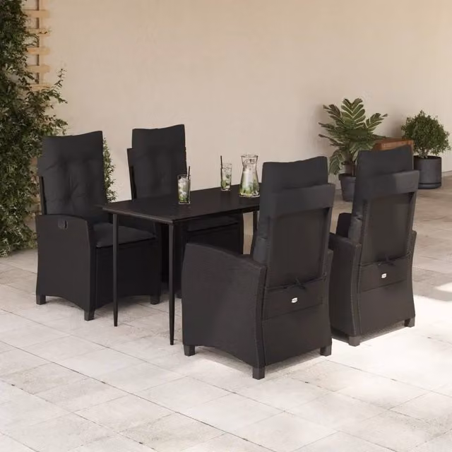Set da Pranzo da Giardino 5 pz Nero con Cuscini in Polyrattan