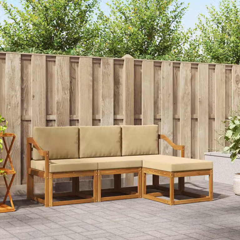 Set di divani da esterno vidaXL a forma di L in legno di acacia con cuscini, beige e sabbia