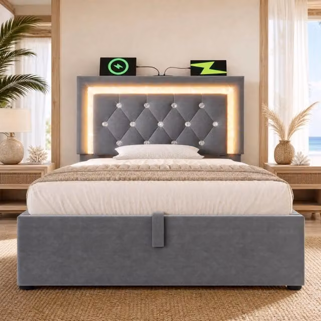 Letto singolo imbottito ULEVR 90x200 cm con contenitore idraulico, LED, USB e USB-C, velluto grigio
