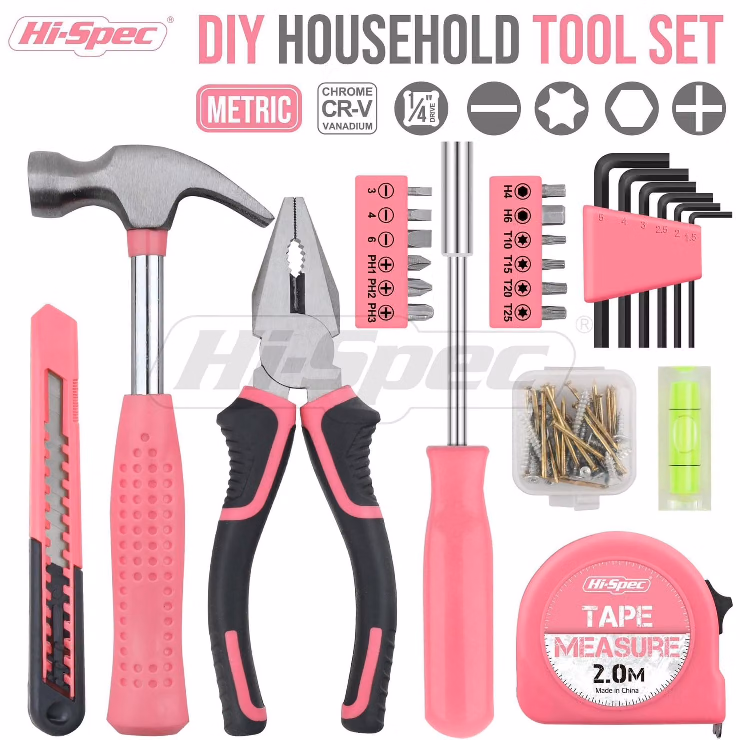 Set di attrezzi compatto - 25 pezzi - Rosa - Per casa, garage e piccoli lavori