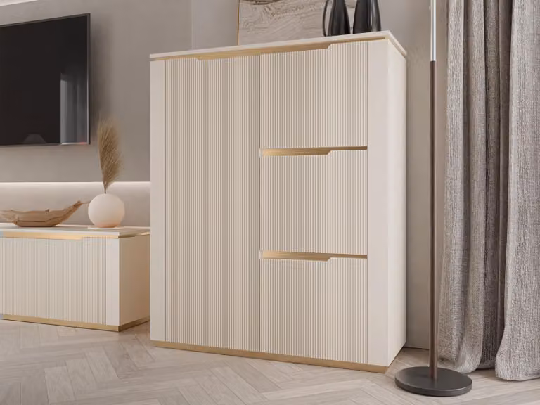 MIRJAN24 Credenza Hilafin 4D, soggiorno elegante, credenza con quattro ante a battente (colore: beige sabbia + oro)