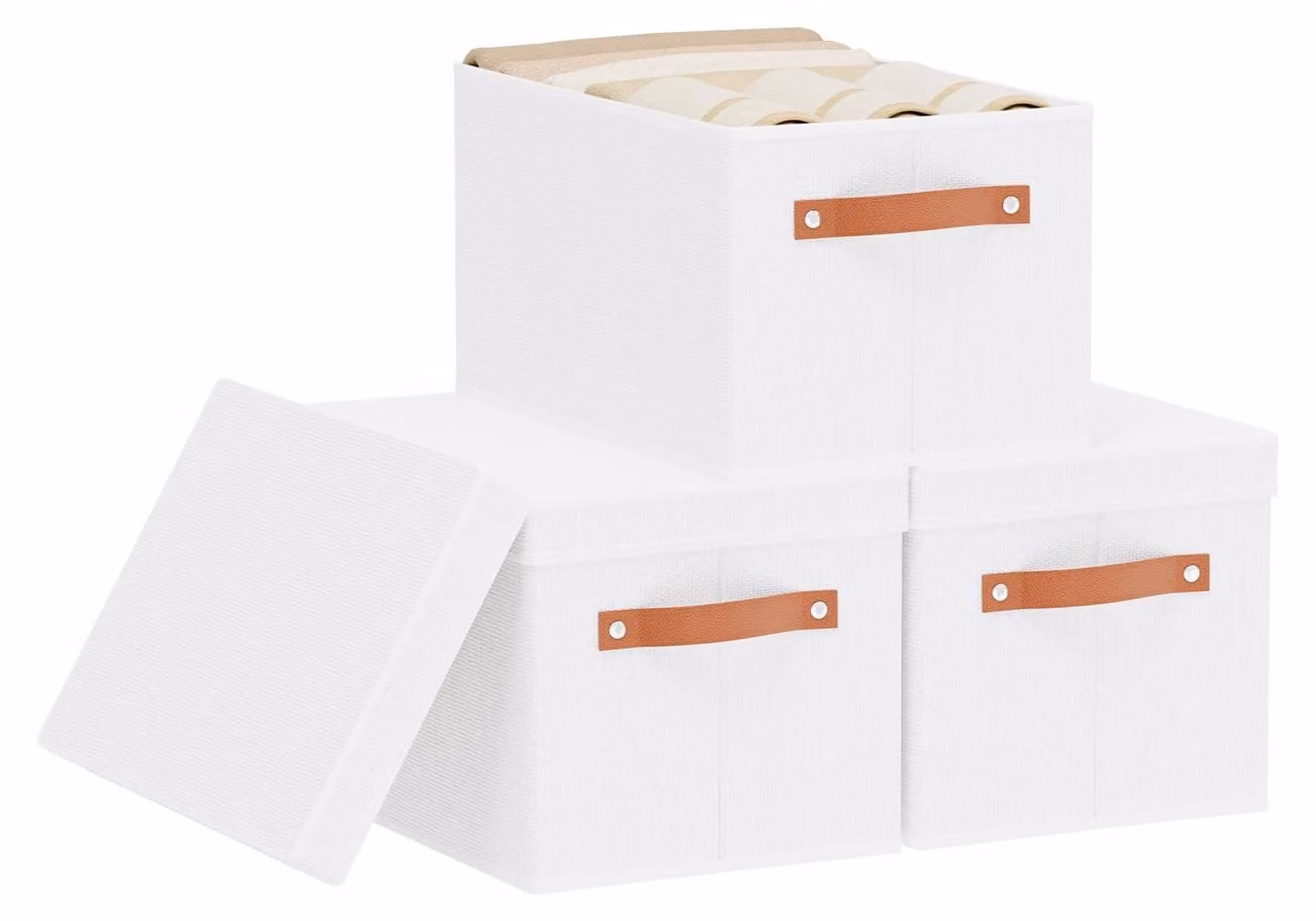 Omgoods - Set di 3 scatole portaoggetti - Scatole in tessuto bianco con coperchio - Ideali per abbigliamento e libri
