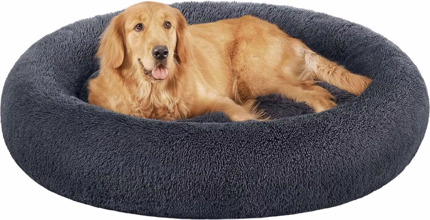 Lettino per cani Feandrea, cestino per gatti, cuscino a ciambella, lavabile, imbottitura centrale rimovibile, peluche lungo, diametro 120 cm, grigio scuro