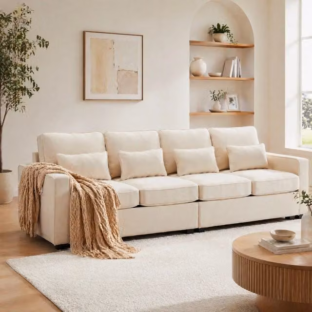 Divano 4 posti ULEVR 264 cm con schienale alto, tasche laterali e 4 cuscini lombari, tessuto effetto lino beige
