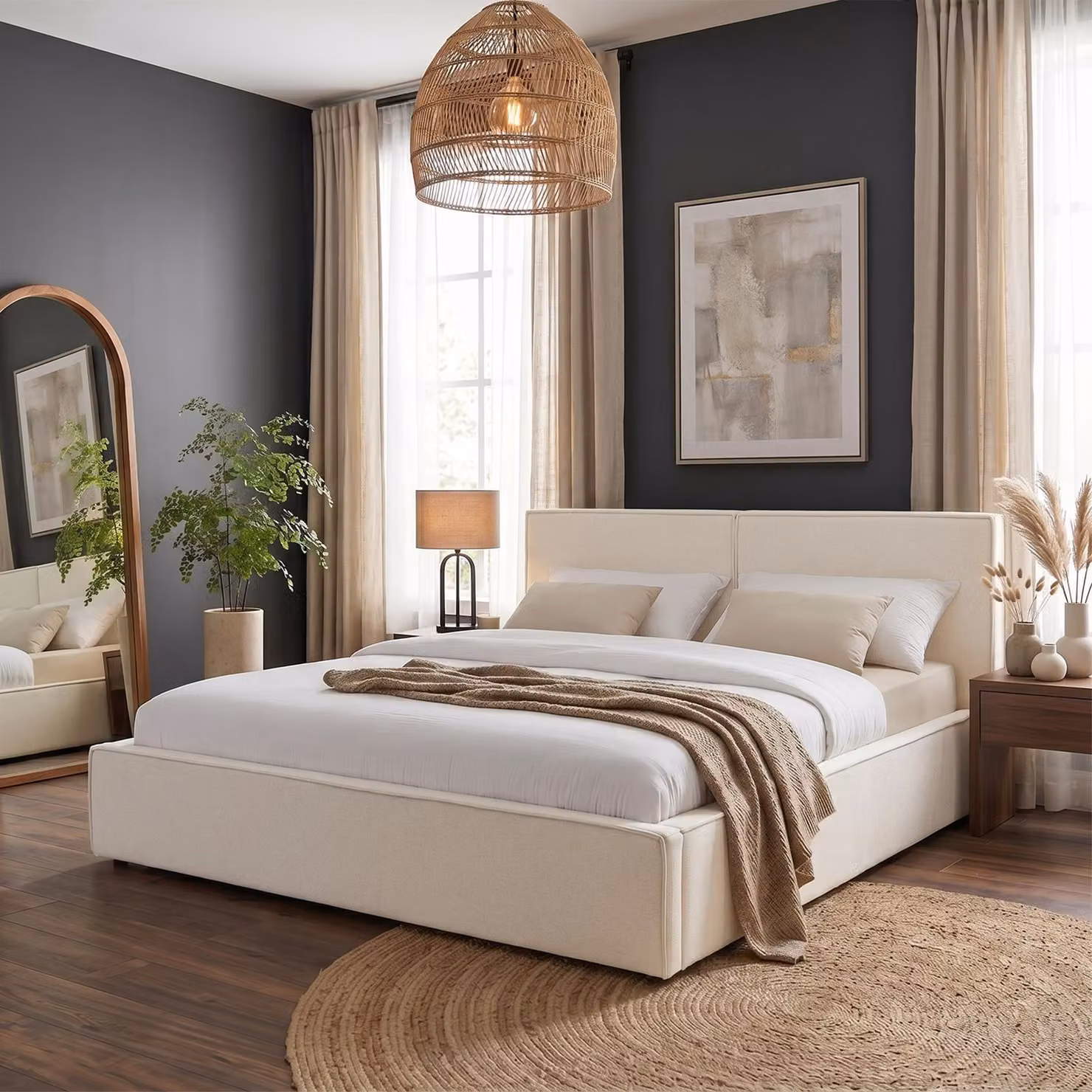 Letto imbottito CALM imbottito 180x200cm, bianco crema - letto matrimoniale moderno in look lino con rete a doghe, giroletto imbottito con testiera