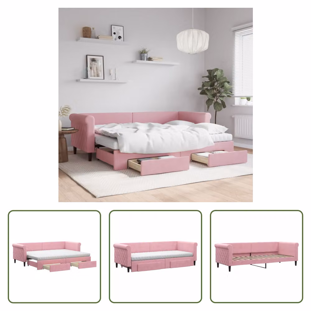 The Living Store Daybed allungabile con cassetti Rosa 80x200 cm in velluto