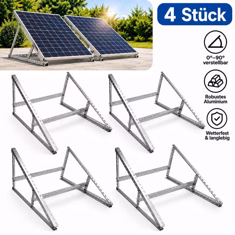 4 supporti per pannelli solari, lunghezza 118 cm, staffa fotovoltaica regolabile da 0° a 90° per tetti piani, balconi, pareti e camper, in alluminio