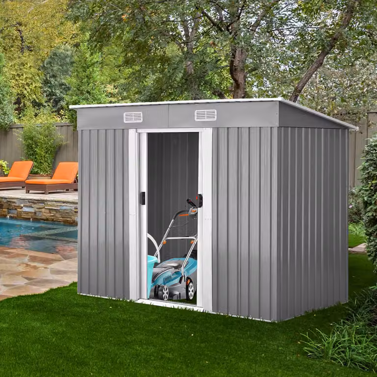 Casetta da giardino per attrezzi in metallo Costway con ante scorrevoli, Grigio, L 238 x P 128 x H 181 cm