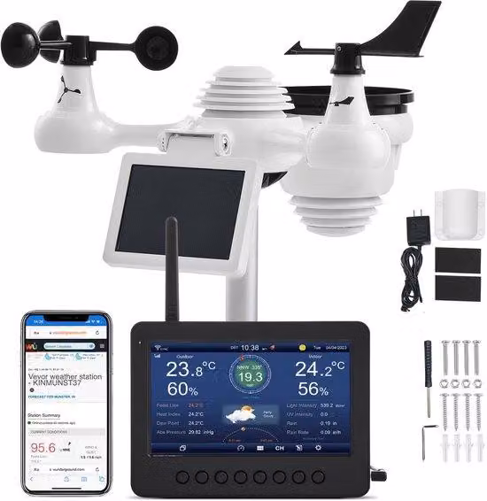 Stazione meteorologica - 7 funzioni - Wireless - Stazione meteorologica con schermo TFT da 186 mm e sensore esterno wireless - Resistente all'acqua (IPX6) - Bianco