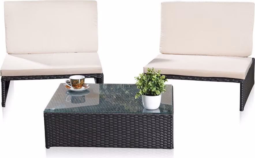 Set lounge in polyrattan 2 poltrone e tavolo nero resistente alle intemperie Set da giardino