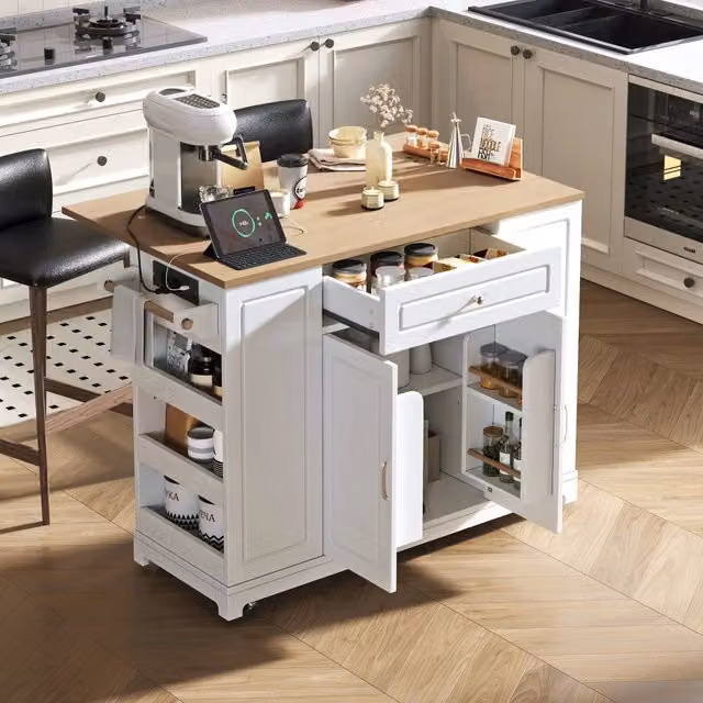 Isola cucina mobile con ruote 131,8 x 40-70 x 93,3 cm in MDF con piano allungabile bianca