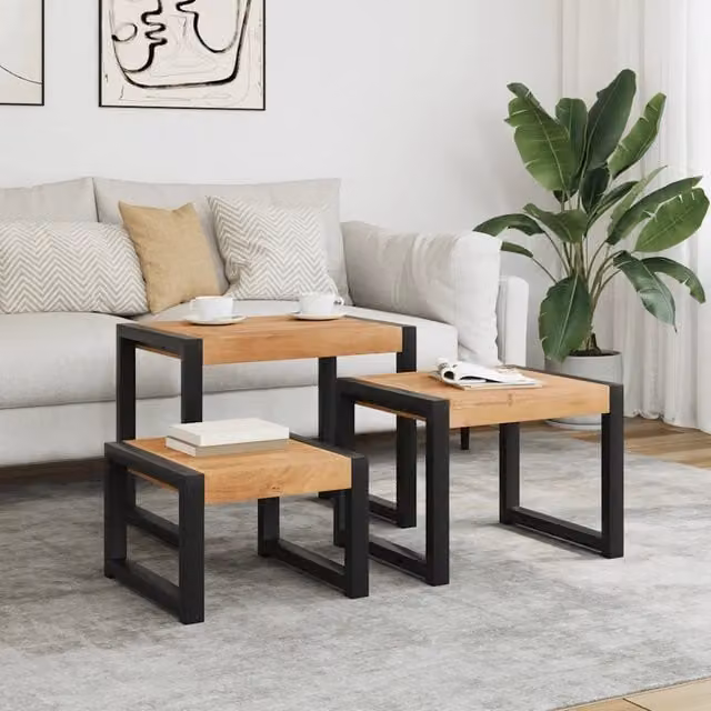 Set di 3 tavolini a incastro MERCATOXL in legno di acacia e metallo, colore marrone
