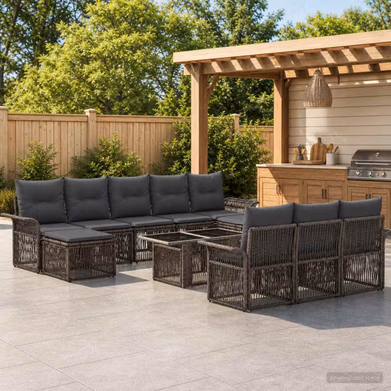 Set Divano da Giardino vidaXL 11 Pezzi in Polyrattan Grigio e Antracite con Cuscini e Tavolino