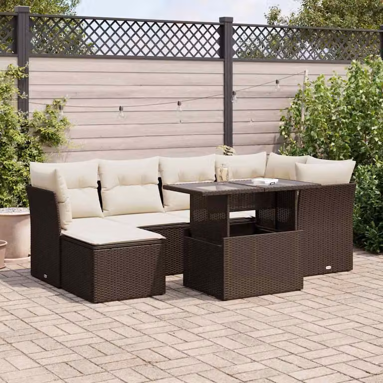 Set di divani da giardino vidaXL composto da 7 pezzi con cuscini in polyrattan e metallo, colore marrone e bianco