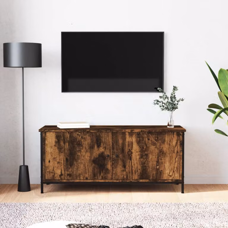 Mobile TV vidaXL con ante in rovere fumo e struttura in legno e metallo, colore marrone, L 102 cm x P 35 cm x H 45 cm