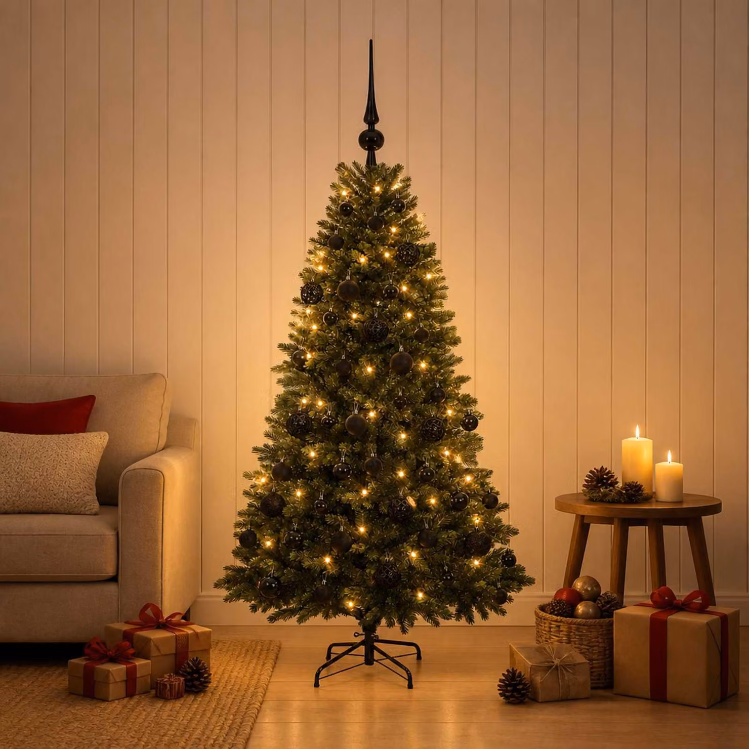 Albero di Natale artificiale con decorazioni a sfera, altezza 120 cm, 150 luci LED