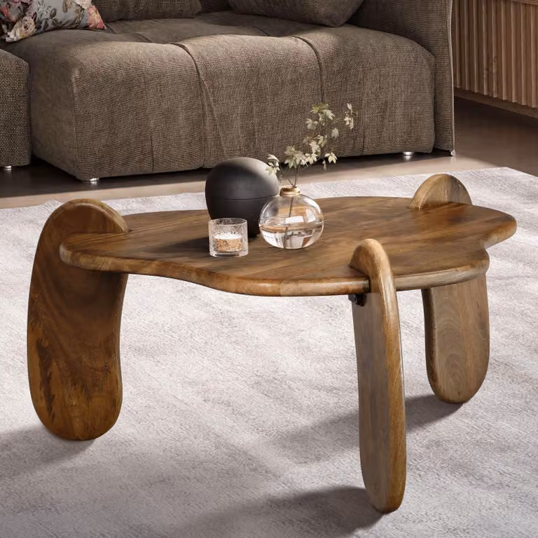FineBuy Tavolino in legno massiccio di mango Ø 78 cm color noce - Tavolo da salotto di design a forma organica - Tavolo da divano fatto a mano