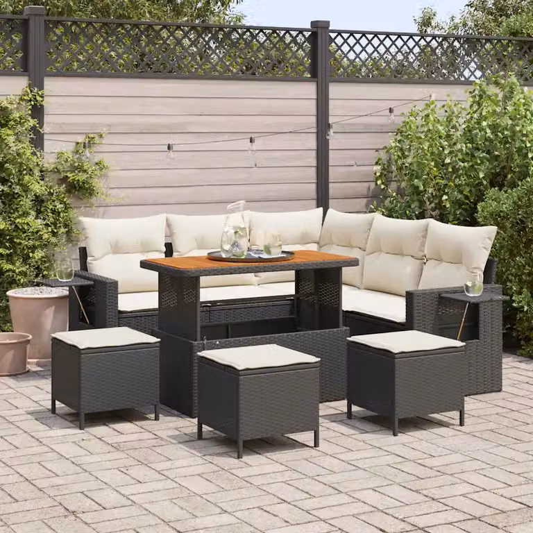 Set Divano da Giardino vidaXL 10 Pezzi con Cuscini, Design a L, Colore Nero e Beige