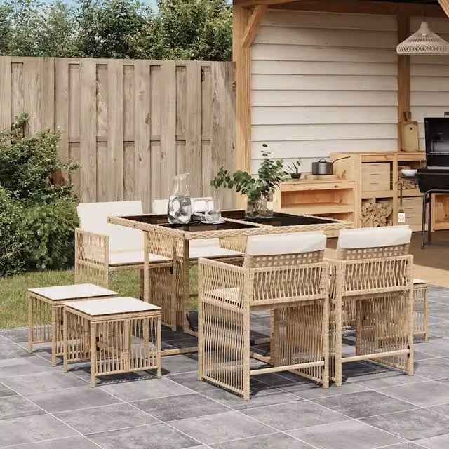 Set da Pranzo da Giardino vidaXL in Polyrattan con Cuscini Beige e Piano in Vetro, 9 Pezzi